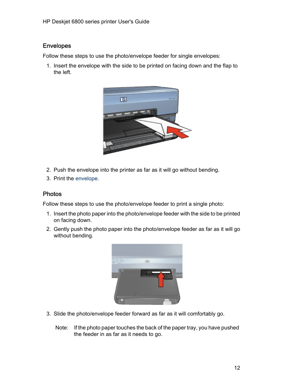 Envelopes, Photos | HP Deskjet 6840 Color Inkjet Printer User Manual | Page 12 / 176