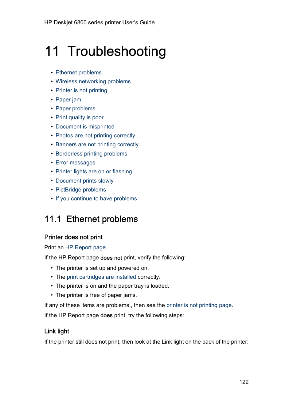 11 troubleshooting, 1 ethernet problems, Printer does not print | Link light, Troubleshooting | HP Deskjet 6840 Color Inkjet Printer User Manual | Page 122 / 176