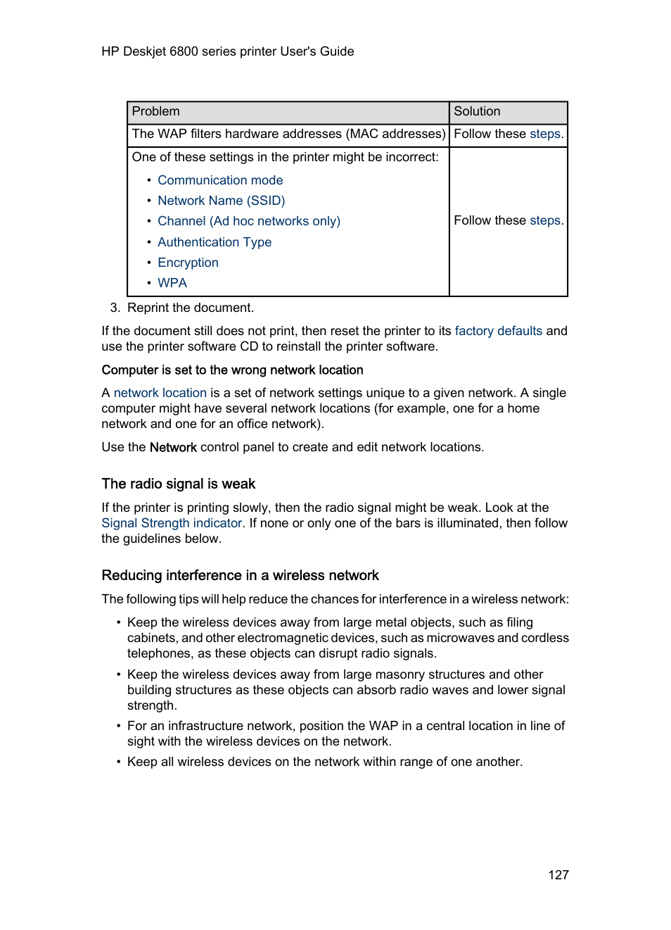 Computer is set to the wrong network location, The radio signal is weak, Reducing interference in a wireless network | Steps | HP Deskjet 6840 Color Inkjet Printer User Manual | Page 127 / 176