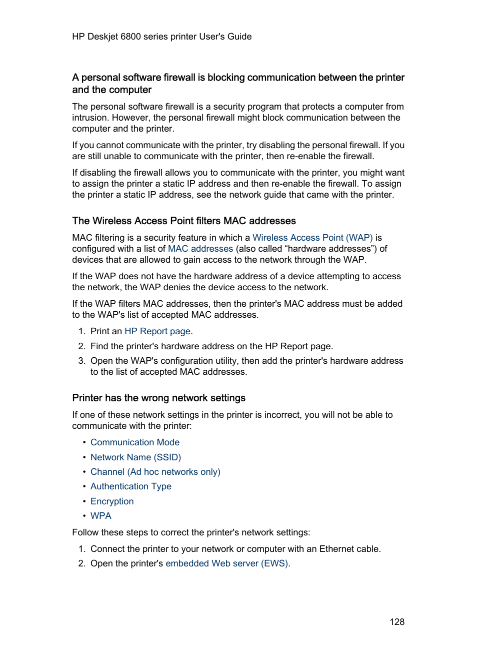 The wireless access point filters mac addresses, Printer has the wrong network settings, Steps | HP Deskjet 6840 Color Inkjet Printer User Manual | Page 128 / 176