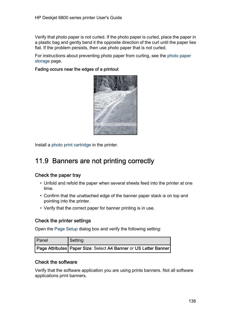 Fading occurs near the edges of a printout, 9 banners are not printing correctly, Check the paper tray | Check the printer settings, Check the software, Banners are not printing correctly | HP Deskjet 6840 Color Inkjet Printer User Manual | Page 136 / 176