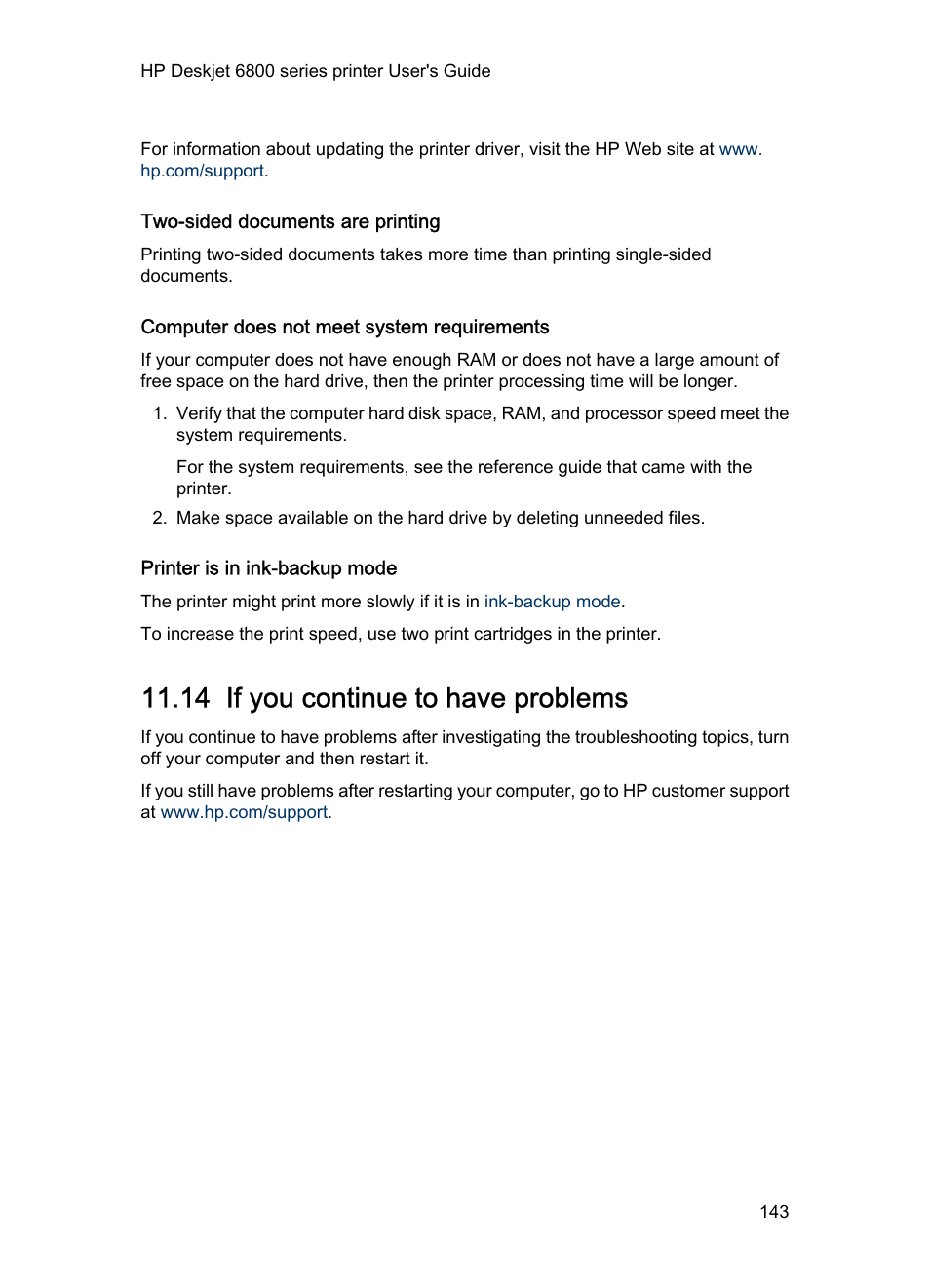 Two-sided documents are printing, Computer does not meet system requirements, Printer is in ink-backup mode | 14 if you continue to have problems, If you continue to have problems | HP Deskjet 6840 Color Inkjet Printer User Manual | Page 143 / 176