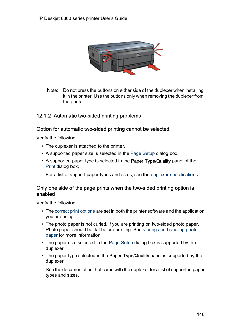 2 automatic two-sided printing problems, Steps to clear a paper jam from the two-sided, Printing accessory | Automatic two-sided printing problems | HP Deskjet 6840 Color Inkjet Printer User Manual | Page 146 / 176