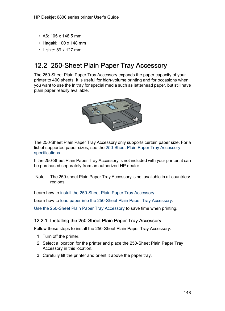 2 250-sheet plain paper tray accessory, Sheet plain paper tray accessory, And expand the printer's paper-handling | Sheet plain paper tray, Accessory, Optional), Or the, Installation steps, Sheet plain paper, Tray accessory | HP Deskjet 6840 Color Inkjet Printer User Manual | Page 148 / 176