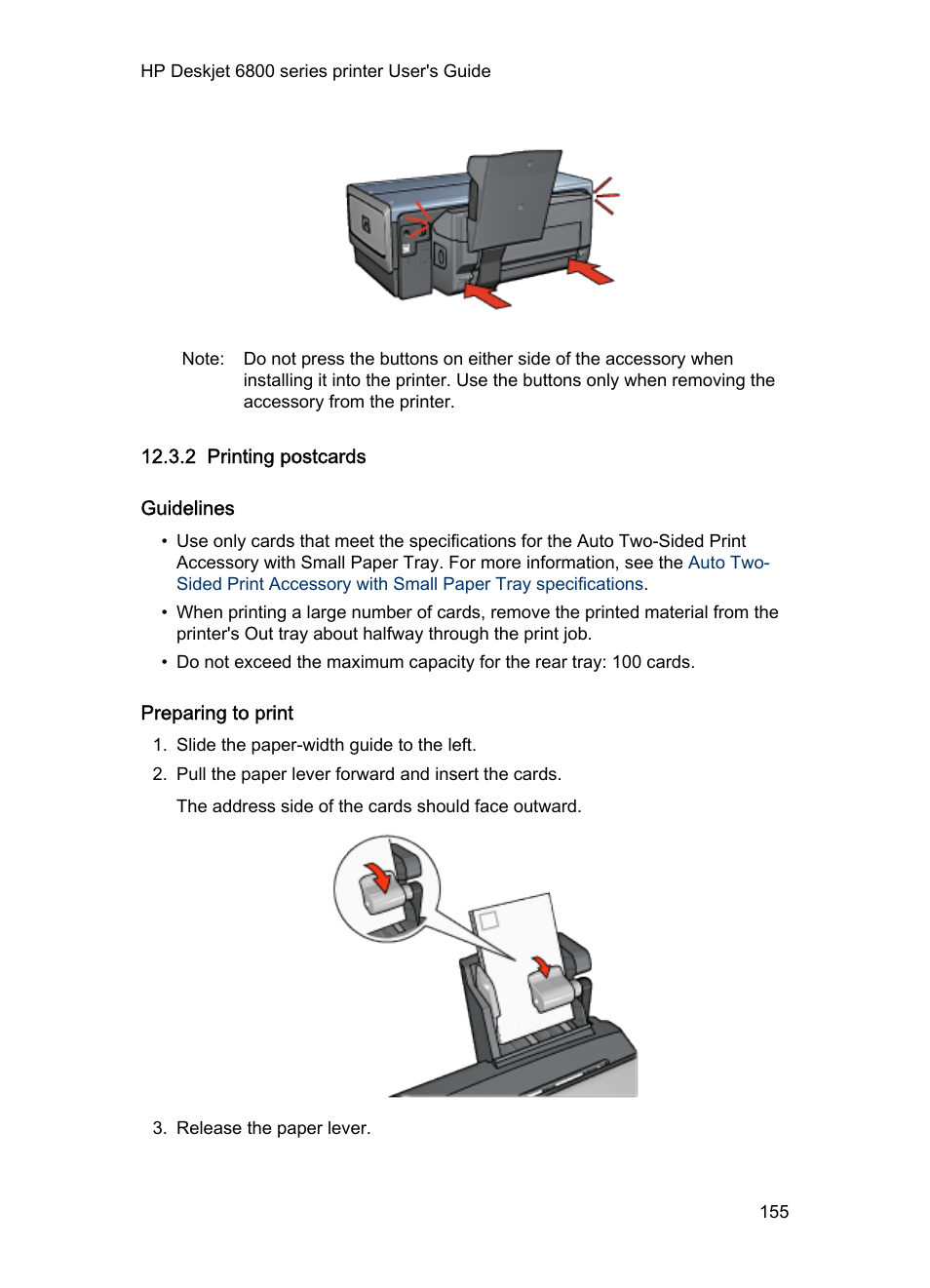 2 printing postcards, Guidelines, Preparing to print | Tray is attached to the printer, follow the, Steps for printing, Paper tray | HP Deskjet 6840 Color Inkjet Printer User Manual | Page 155 / 176