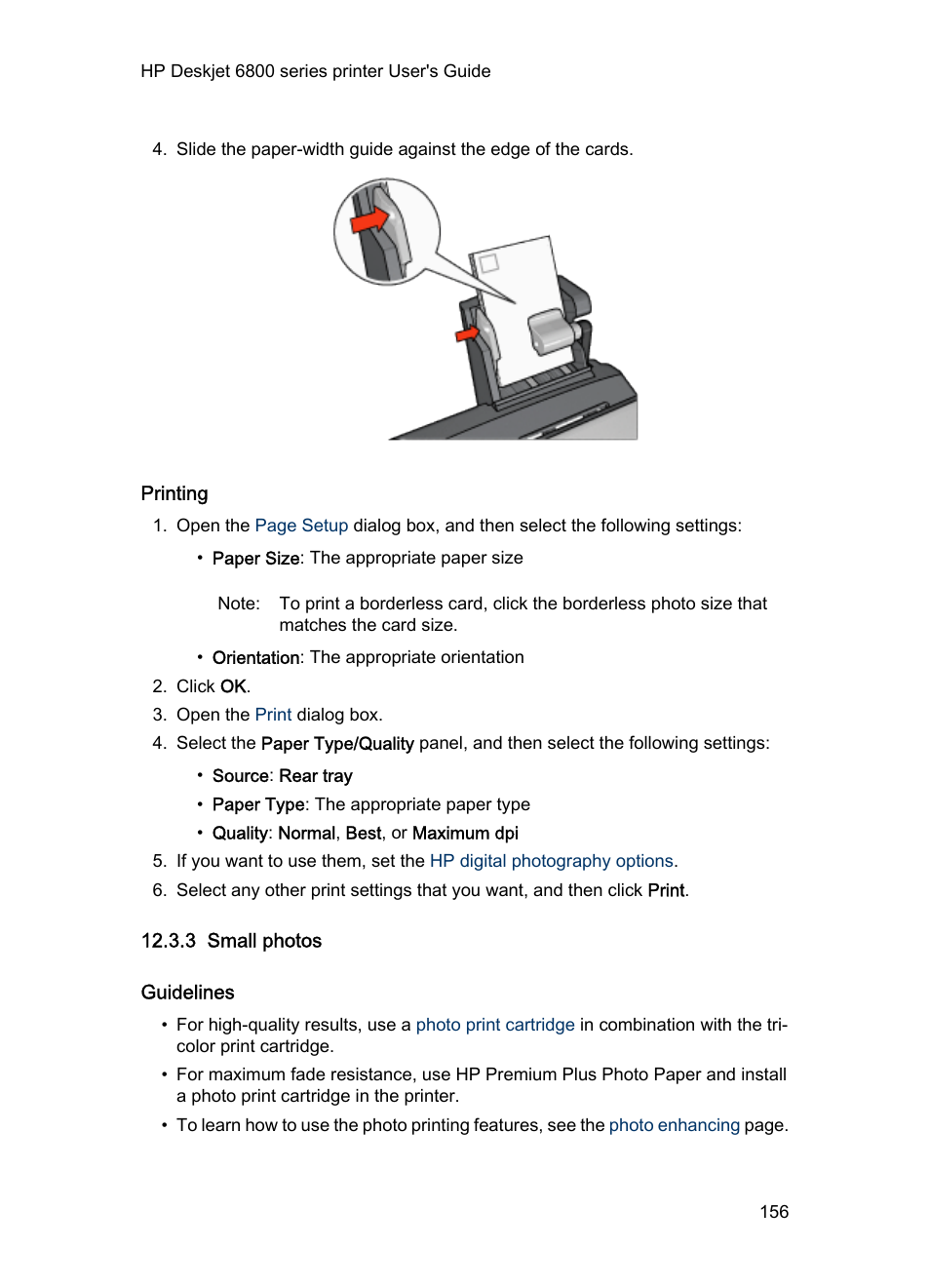 Printing, 3 small photos, Guidelines | Photo paper | HP Deskjet 6840 Color Inkjet Printer User Manual | Page 156 / 176