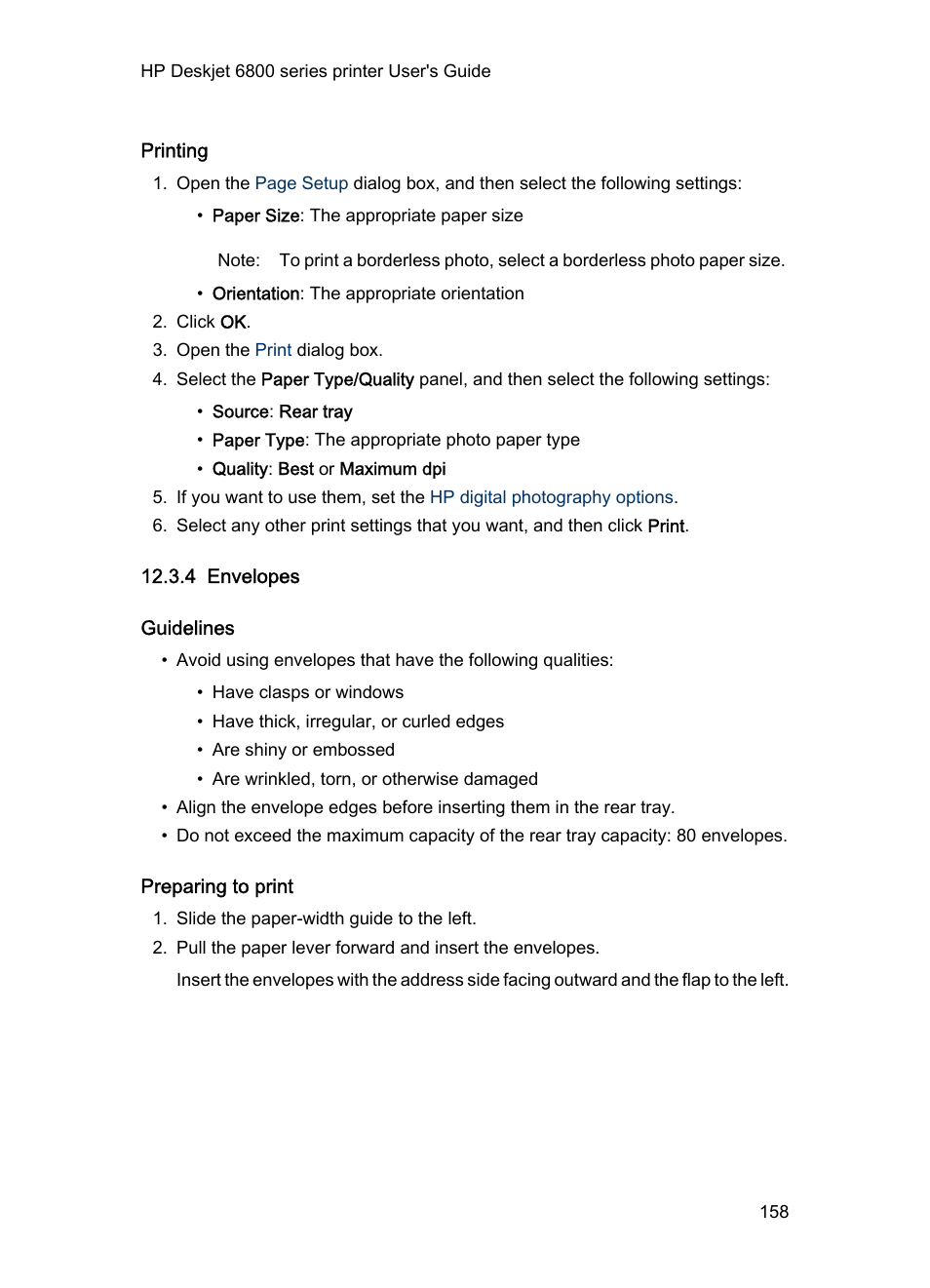 Printing, 4 envelopes, Guidelines | Preparing to print, Envelopes | HP Deskjet 6840 Color Inkjet Printer User Manual | Page 158 / 176