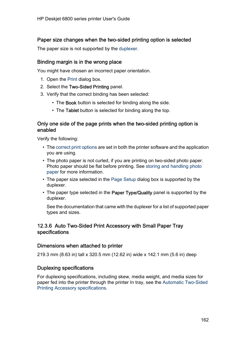 Binding margin is in the wrong place, Dimensions when attached to printer, Duplexing specifications | HP Deskjet 6840 Color Inkjet Printer User Manual | Page 162 / 176