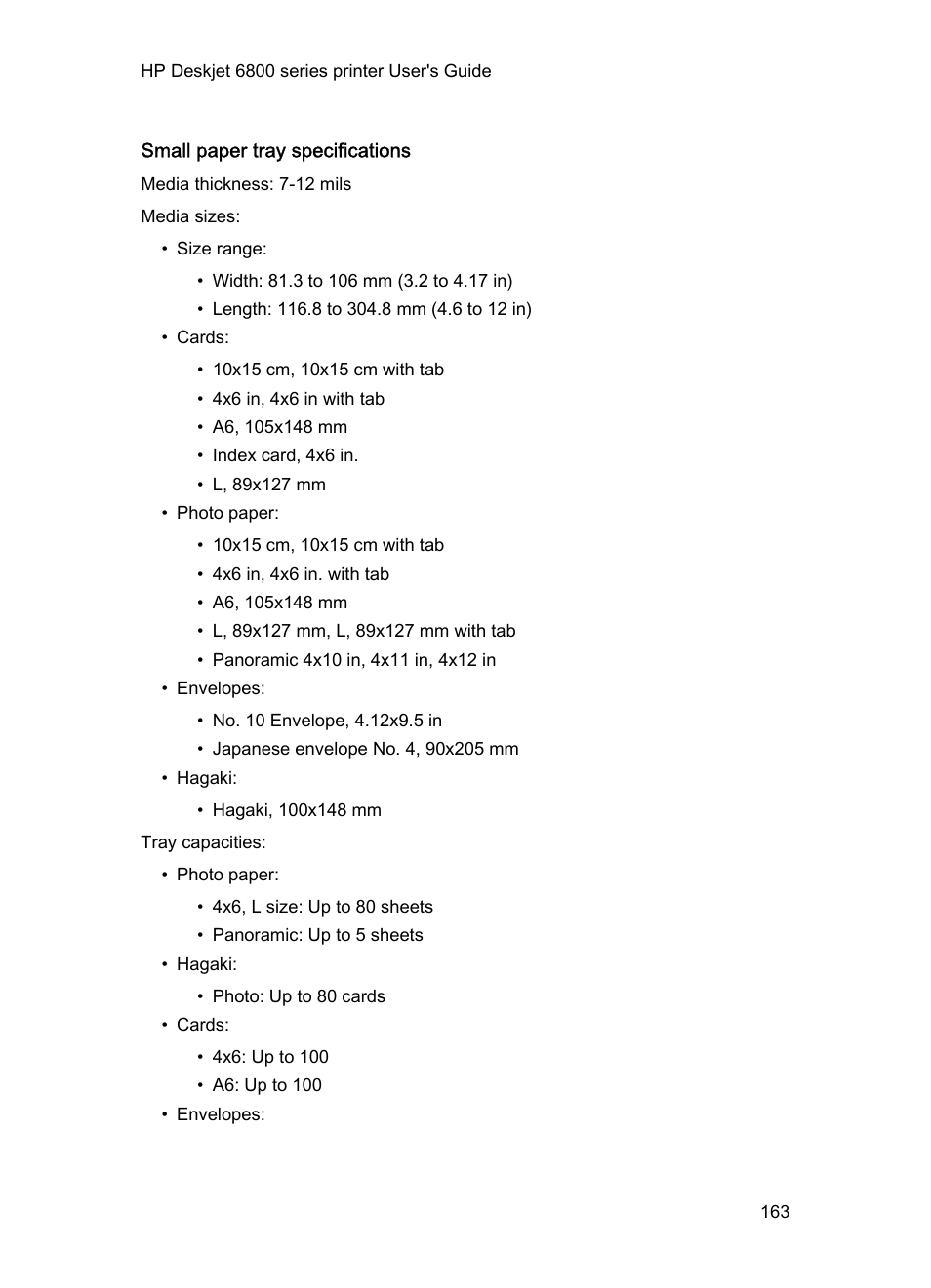 Small paper tray specifications | HP Deskjet 6840 Color Inkjet Printer User Manual | Page 163 / 176