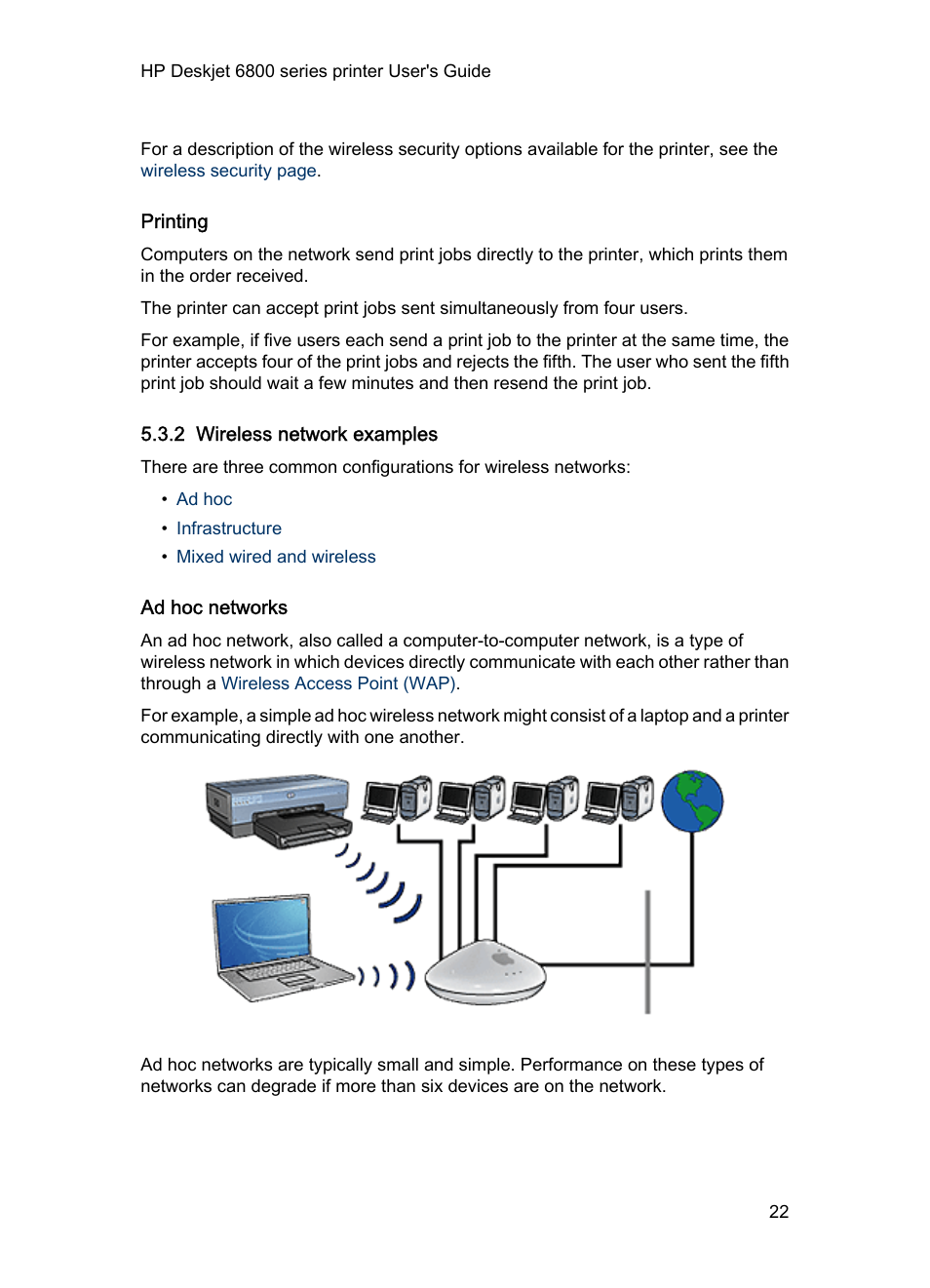 Printing, 2 wireless network examples, Ad hoc networks | A common variety of wireless network is called an, Infrastructure network, Wireless network examples | HP Deskjet 6840 Color Inkjet Printer User Manual | Page 22 / 176