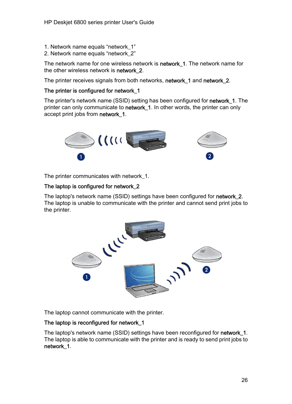 The printer is configured for network_1, The laptop is configured for network_2, The laptop is reconfigured for network_1 | HP Deskjet 6840 Color Inkjet Printer User Manual | Page 26 / 176