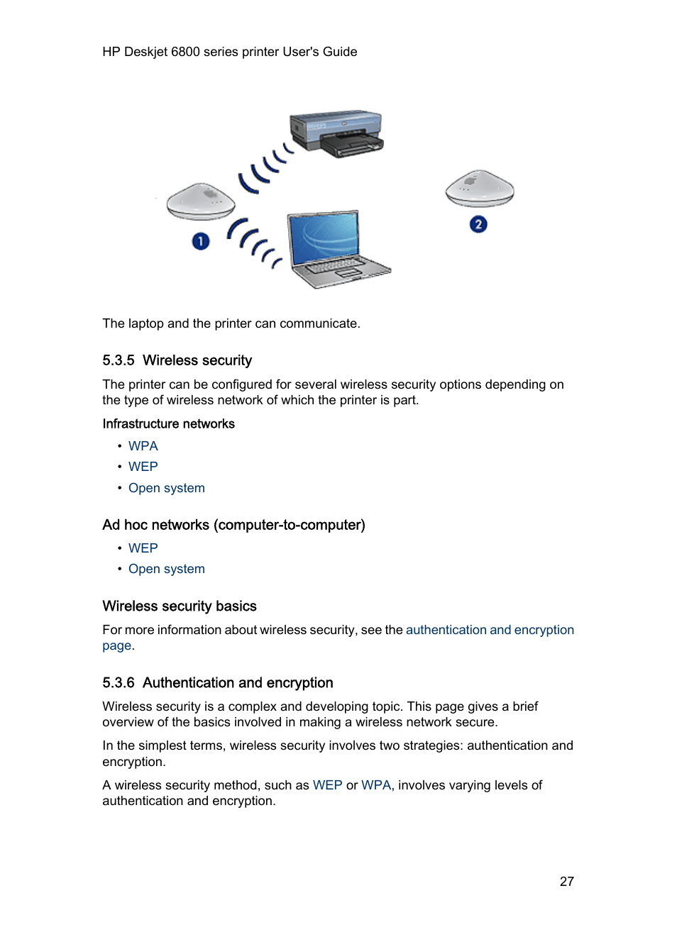 5 wireless security, Infrastructure networks, Ad hoc networks (computer-to-computer) | Wireless security basics, 6 authentication and encryption | HP Deskjet 6840 Color Inkjet Printer User Manual | Page 27 / 176