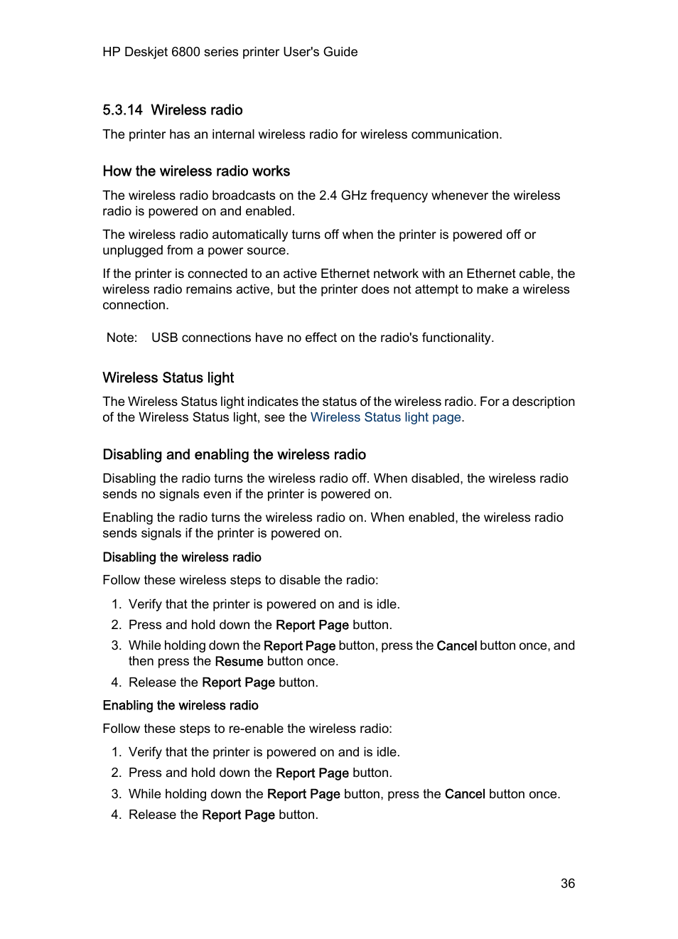 14 wireless radio, How the wireless radio works, Wireless status light | Disabling and enabling the wireless radio, Disabling the wireless radio, Enabling the wireless radio, Wireless radio | HP Deskjet 6840 Color Inkjet Printer User Manual | Page 36 / 176