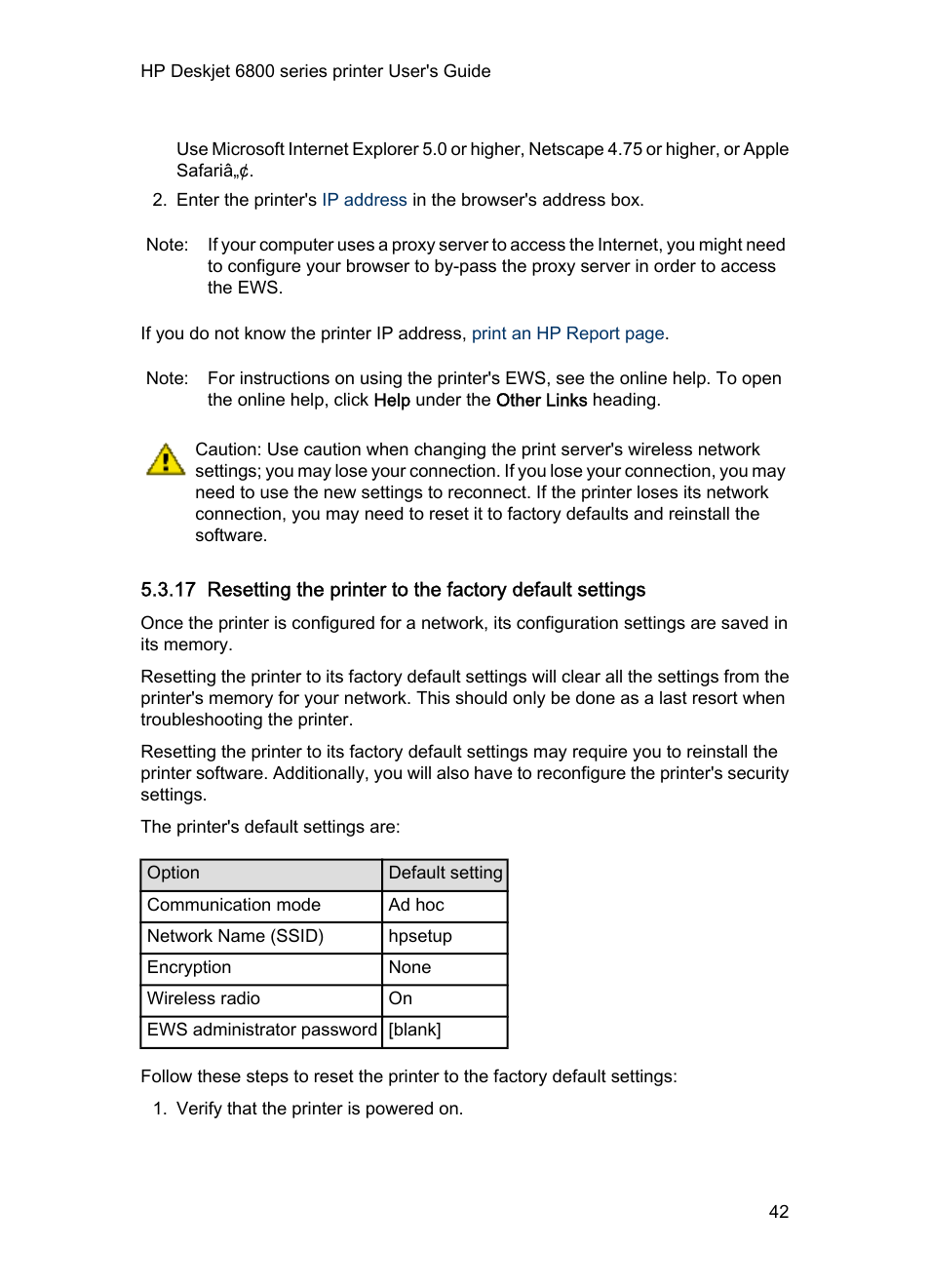 Resetting the printer to the factory defaults | HP Deskjet 6840 Color Inkjet Printer User Manual | Page 42 / 176