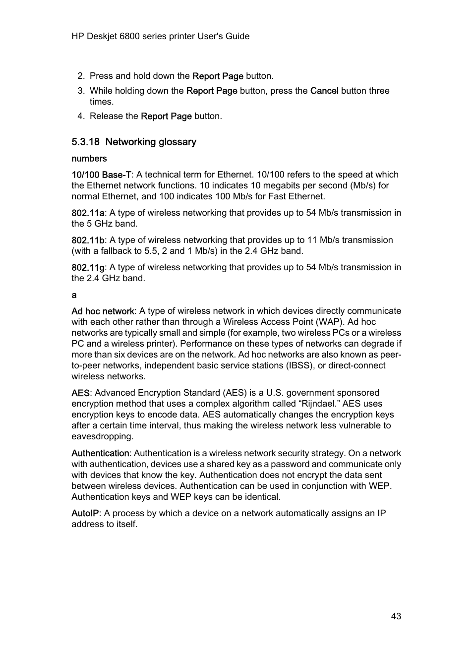 18 networking glossary, Numbers, Glossary | Wi-fi wireless network without the aid of, Infrastructure mode, Ad hoc mode, Ethernet cable, The printer to the network's, Wireless access point (wap), In order to achieve a | HP Deskjet 6840 Color Inkjet Printer User Manual | Page 43 / 176