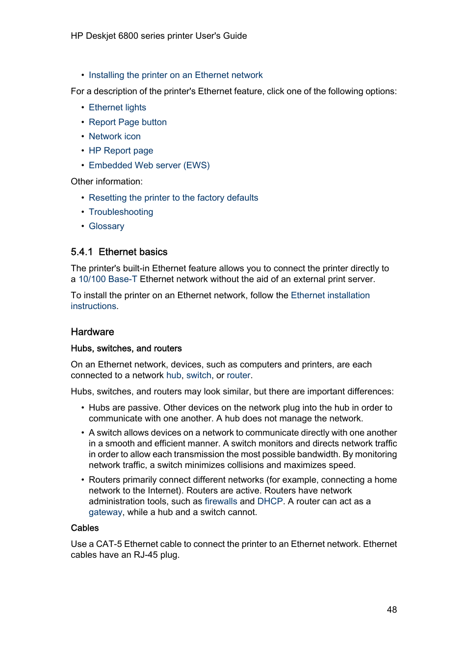 1 ethernet basics, Hardware, Hubs, switches, and routers | Cables, Ethernet basics | HP Deskjet 6840 Color Inkjet Printer User Manual | Page 48 / 176