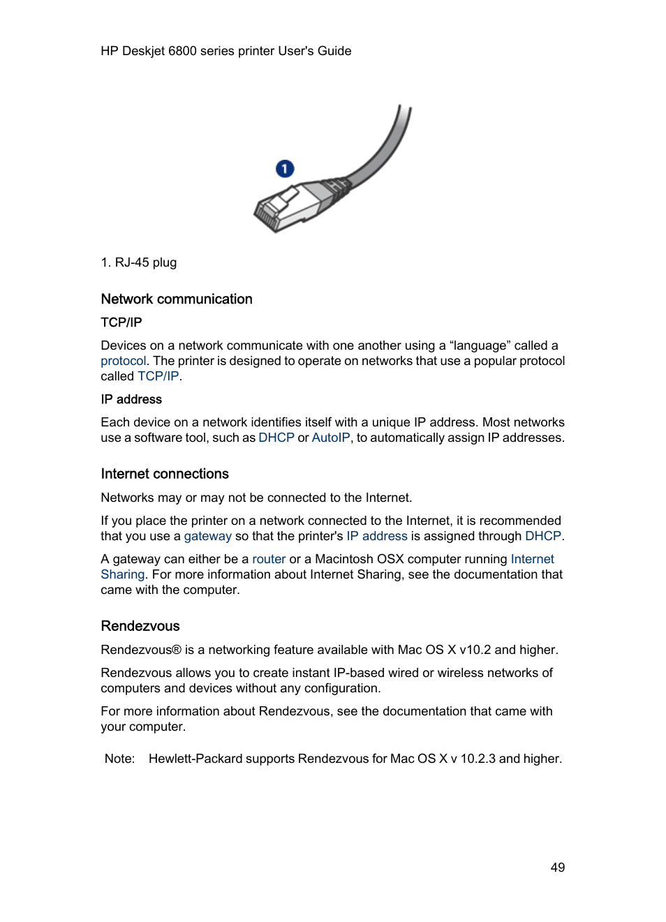 Network communication, Tcp/ip, Ip address | Internet connections, Rendezvous | HP Deskjet 6840 Color Inkjet Printer User Manual | Page 49 / 176