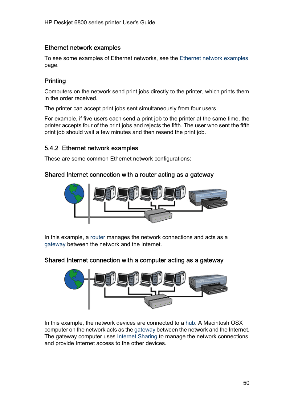 Ethernet network examples, Printing, 2 ethernet network examples | HP Deskjet 6840 Color Inkjet Printer User Manual | Page 50 / 176