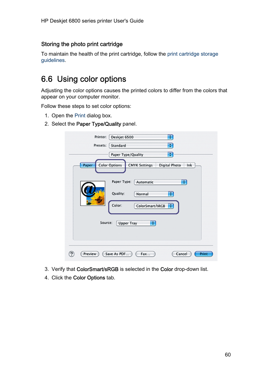 Storing the photo print cartridge, 6 using color options, Color options | HP Deskjet 6840 Color Inkjet Printer User Manual | Page 60 / 176