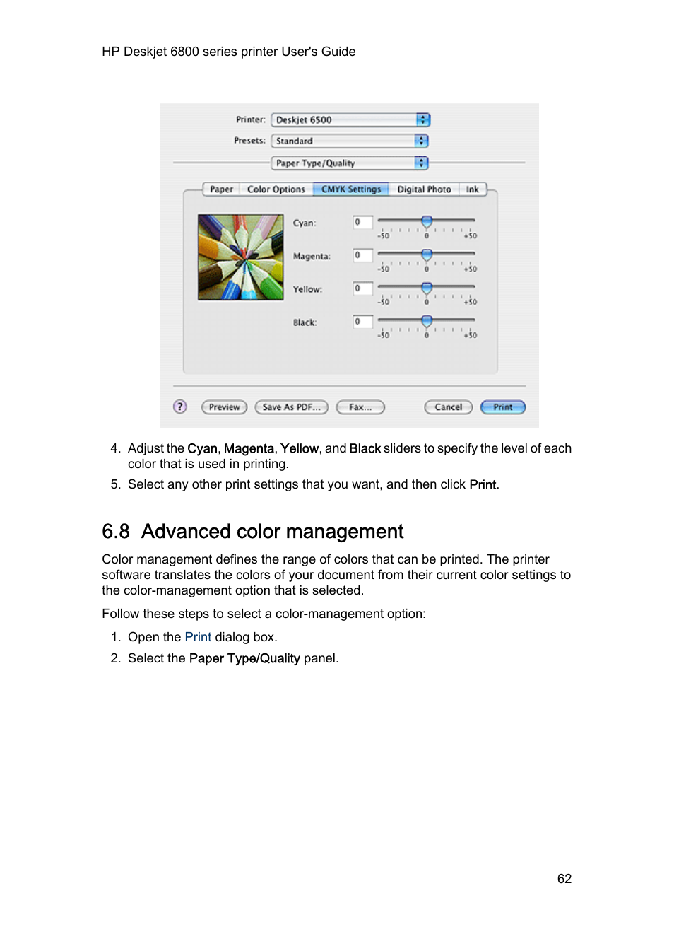 8 advanced color management, Advanced color management | HP Deskjet 6840 Color Inkjet Printer User Manual | Page 62 / 176