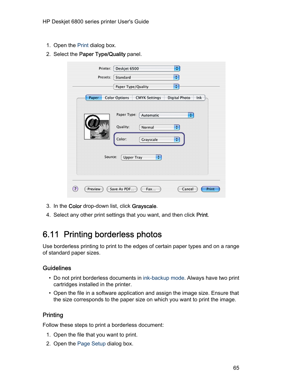 11 printing borderless photos, Guidelines, Printing | Cards by using the, Borderless printing | HP Deskjet 6840 Color Inkjet Printer User Manual | Page 65 / 176