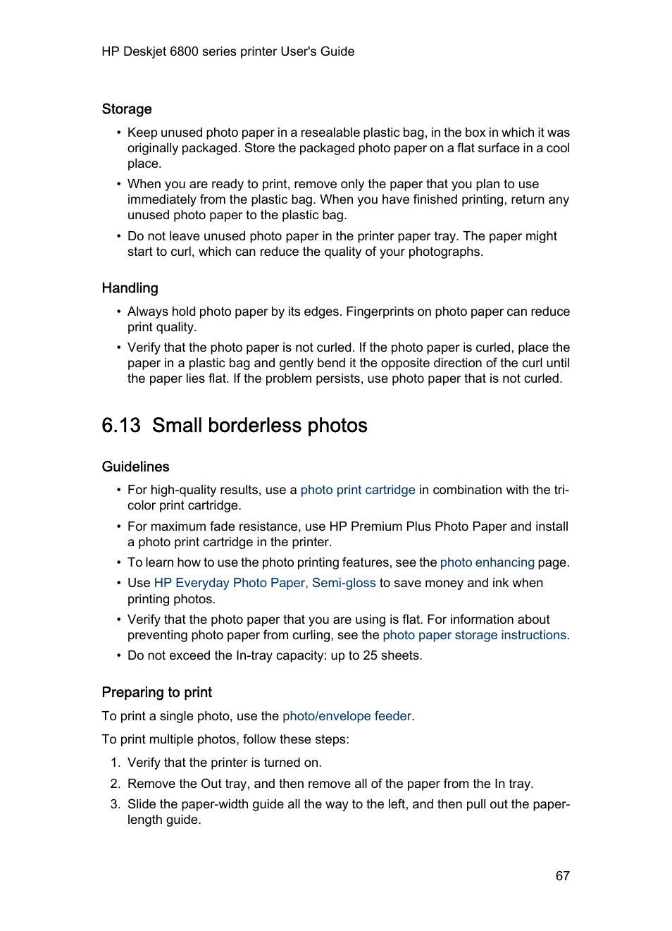 Storage, Handling, 13 small borderless photos | Guidelines, Preparing to print, Small borderless photo | HP Deskjet 6840 Color Inkjet Printer User Manual | Page 67 / 176
