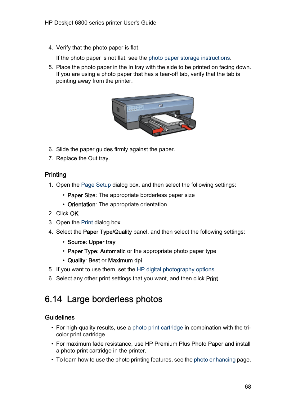 Printing, 14 large borderless photos, Guidelines | Large borderless photo | HP Deskjet 6840 Color Inkjet Printer User Manual | Page 68 / 176