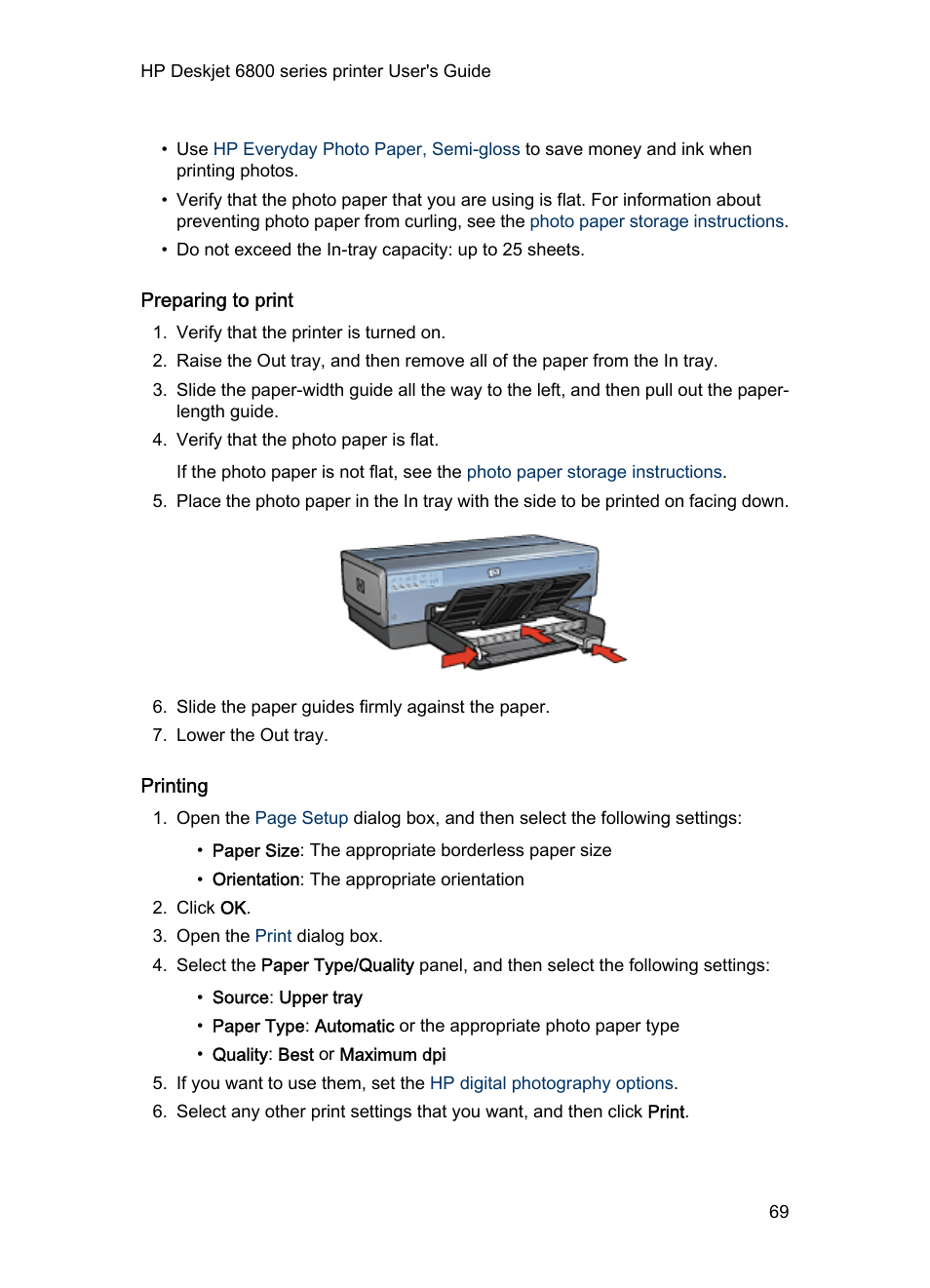 Preparing to print, Printing | HP Deskjet 6840 Color Inkjet Printer User Manual | Page 69 / 176