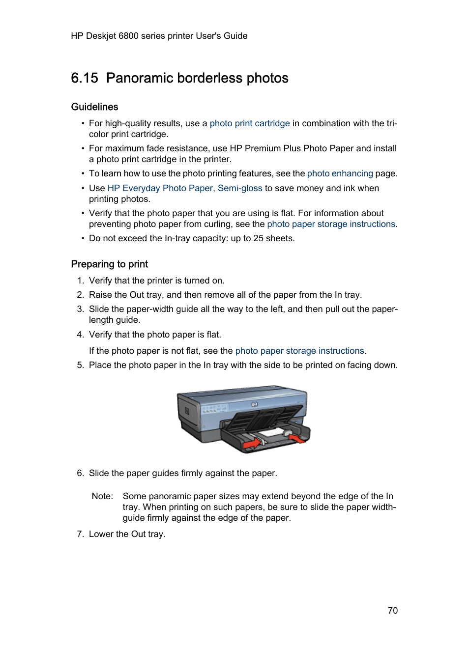 15 panoramic borderless photos, Guidelines, Preparing to print | Panoramic borderless photo | HP Deskjet 6840 Color Inkjet Printer User Manual | Page 70 / 176