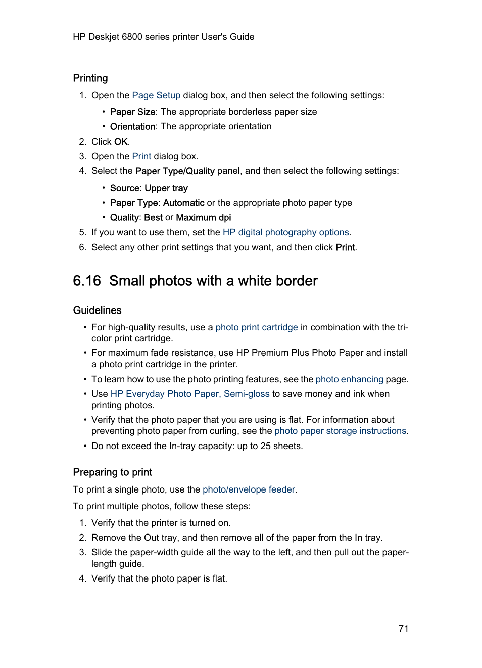 Printing, 16 small photos with a white border, Guidelines | Preparing to print, Small photo, With a white border | HP Deskjet 6840 Color Inkjet Printer User Manual | Page 71 / 176