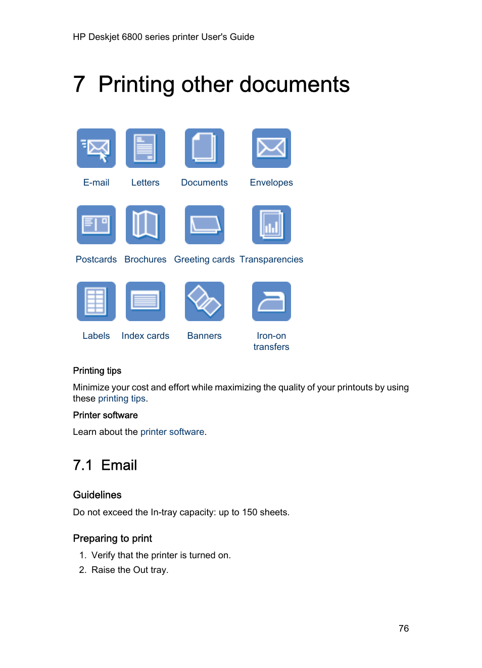 7 printing other documents, 1 email, Guidelines | Preparing to print, Printing other documents | HP Deskjet 6840 Color Inkjet Printer User Manual | Page 76 / 176