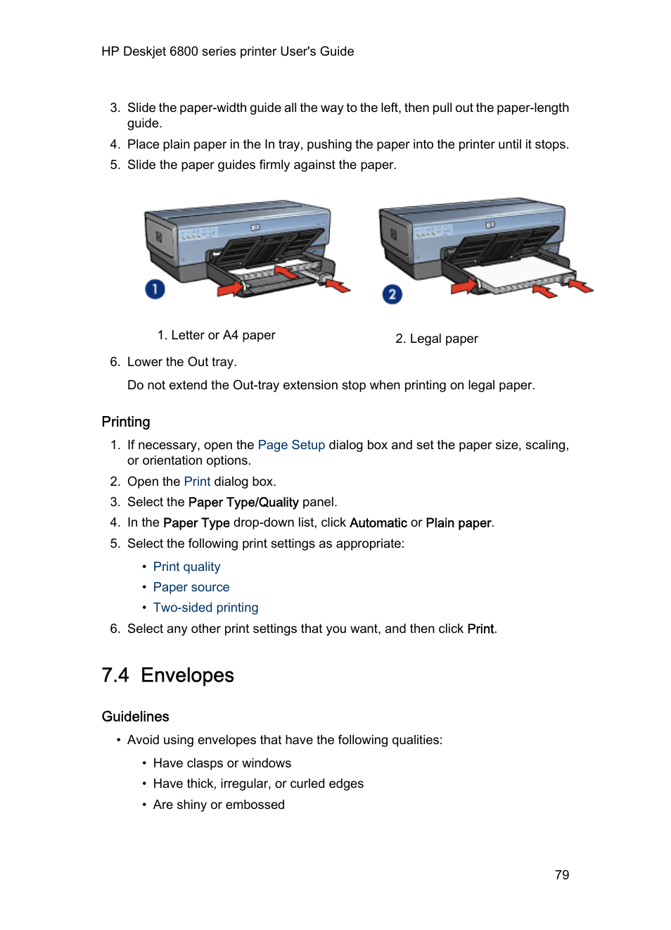 Printing, 4 envelopes, Guidelines | Envelopes, Envelope | HP Deskjet 6840 Color Inkjet Printer User Manual | Page 79 / 176