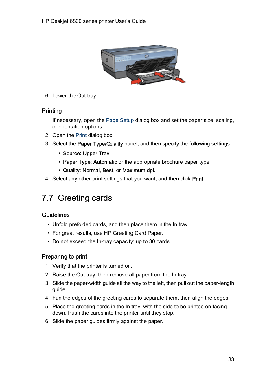 Printing, 7 greeting cards, Guidelines | Preparing to print, Greeting cards | HP Deskjet 6840 Color Inkjet Printer User Manual | Page 83 / 176