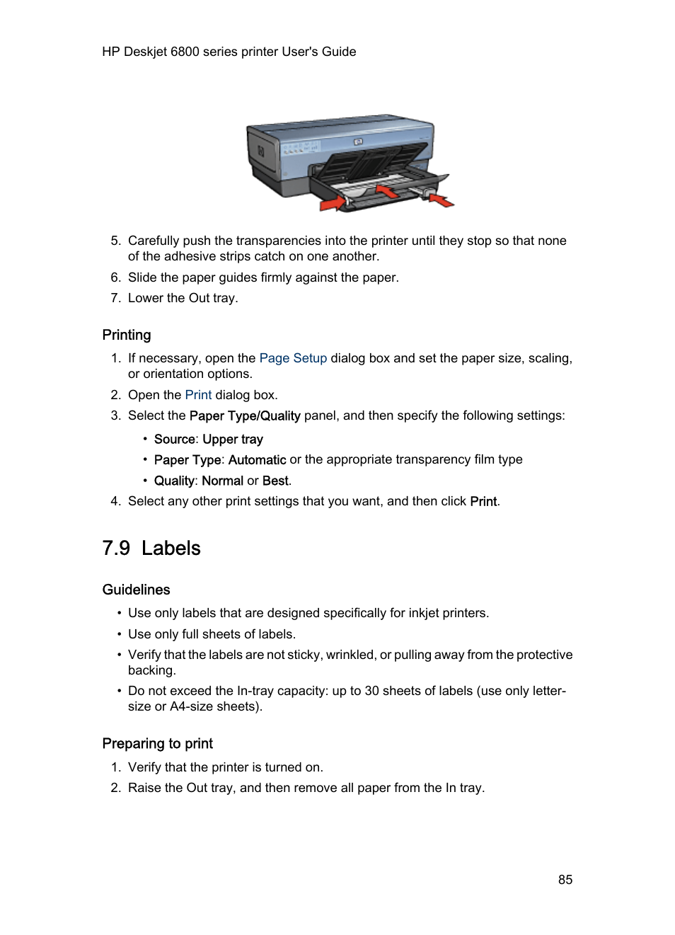 Printing, 9 labels, Guidelines | Preparing to print, Labels | HP Deskjet 6840 Color Inkjet Printer User Manual | Page 85 / 176