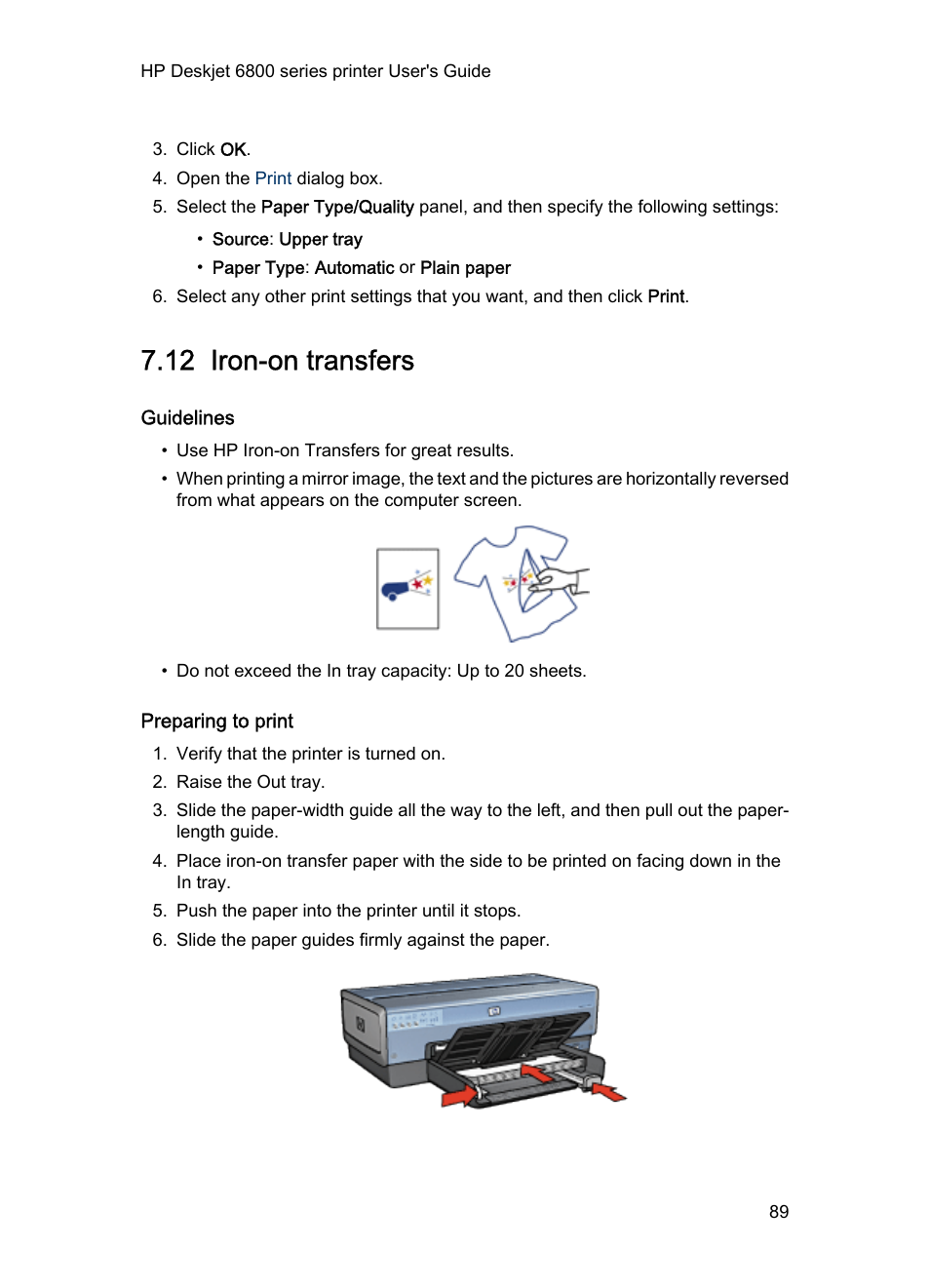 12 iron-on transfers, Guidelines, Preparing to print | Iron-on, Transfers | HP Deskjet 6840 Color Inkjet Printer User Manual | Page 89 / 176