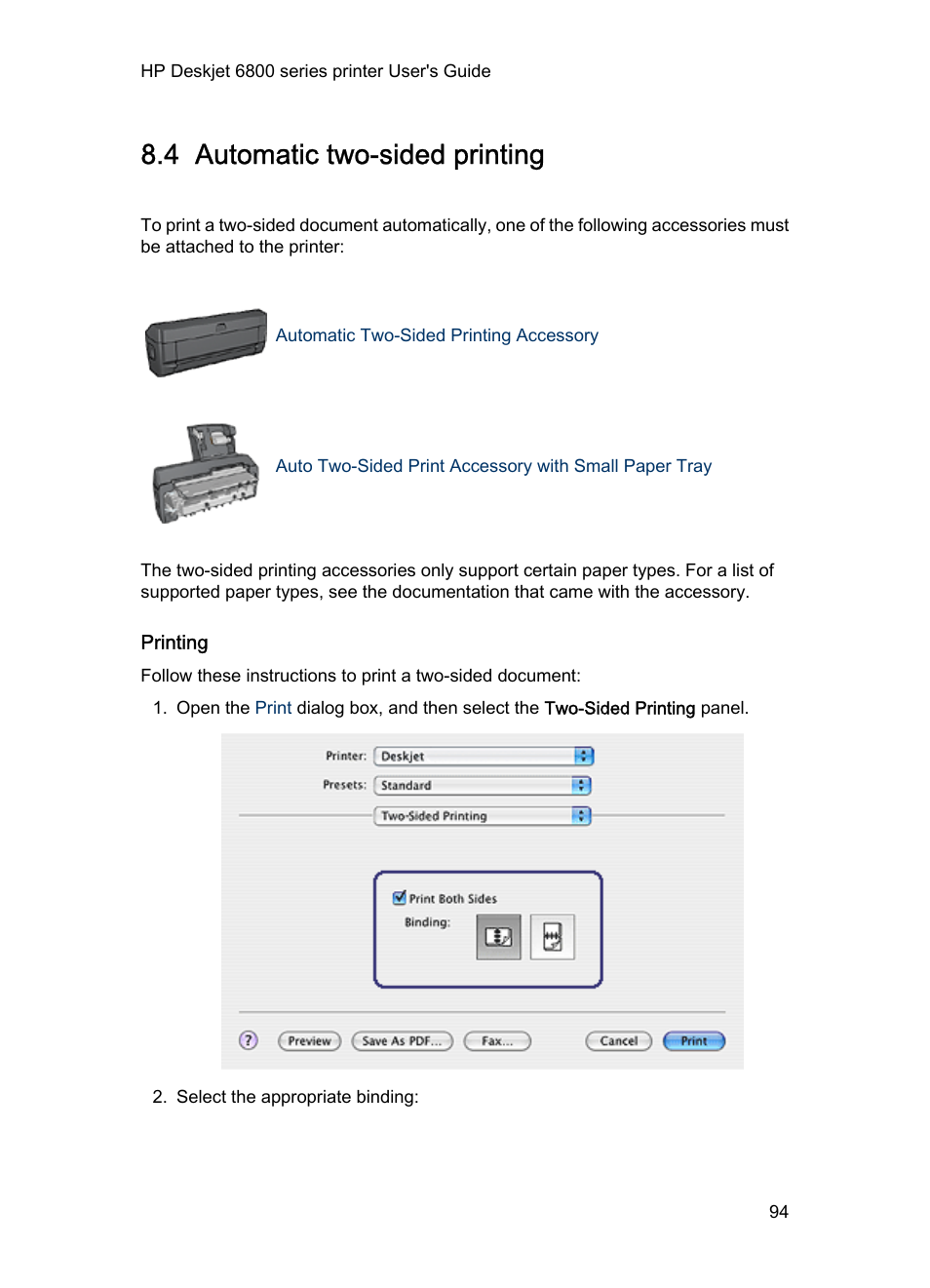 4 automatic two-sided printing, Printing, Two-sided printing | Print a, Two-sided document | HP Deskjet 6840 Color Inkjet Printer User Manual | Page 94 / 176