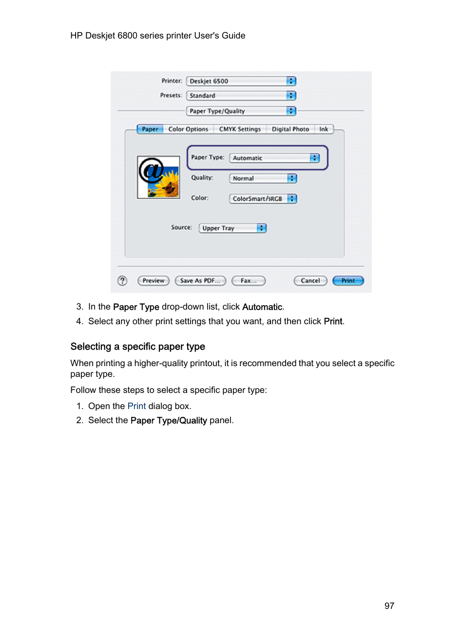 Selecting a specific paper type, Select a specific paper type | HP Deskjet 6840 Color Inkjet Printer User Manual | Page 97 / 176