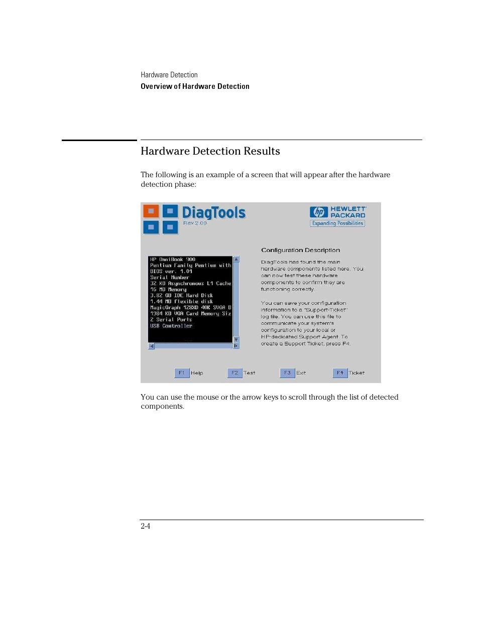 Hardware detection results | HP OmniBook 4100 Notebook PC User Manual | Page 18 / 44