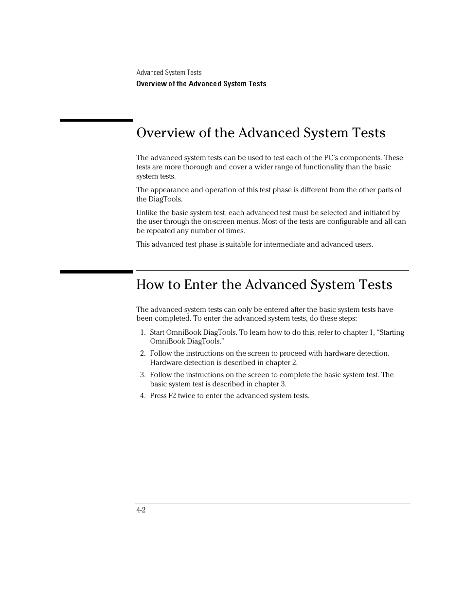 Overview of the advanced system tests, How to enter the advanced system tests | HP OmniBook 4100 Notebook PC User Manual | Page 30 / 44