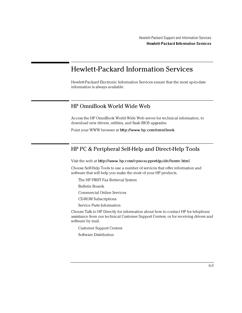 Hewlett-packard information services, Hp omnibook world wide web, Hp pc & peripheral self-help and direct-help tools | HP OmniBook 4100 Notebook PC User Manual | Page 43 / 44