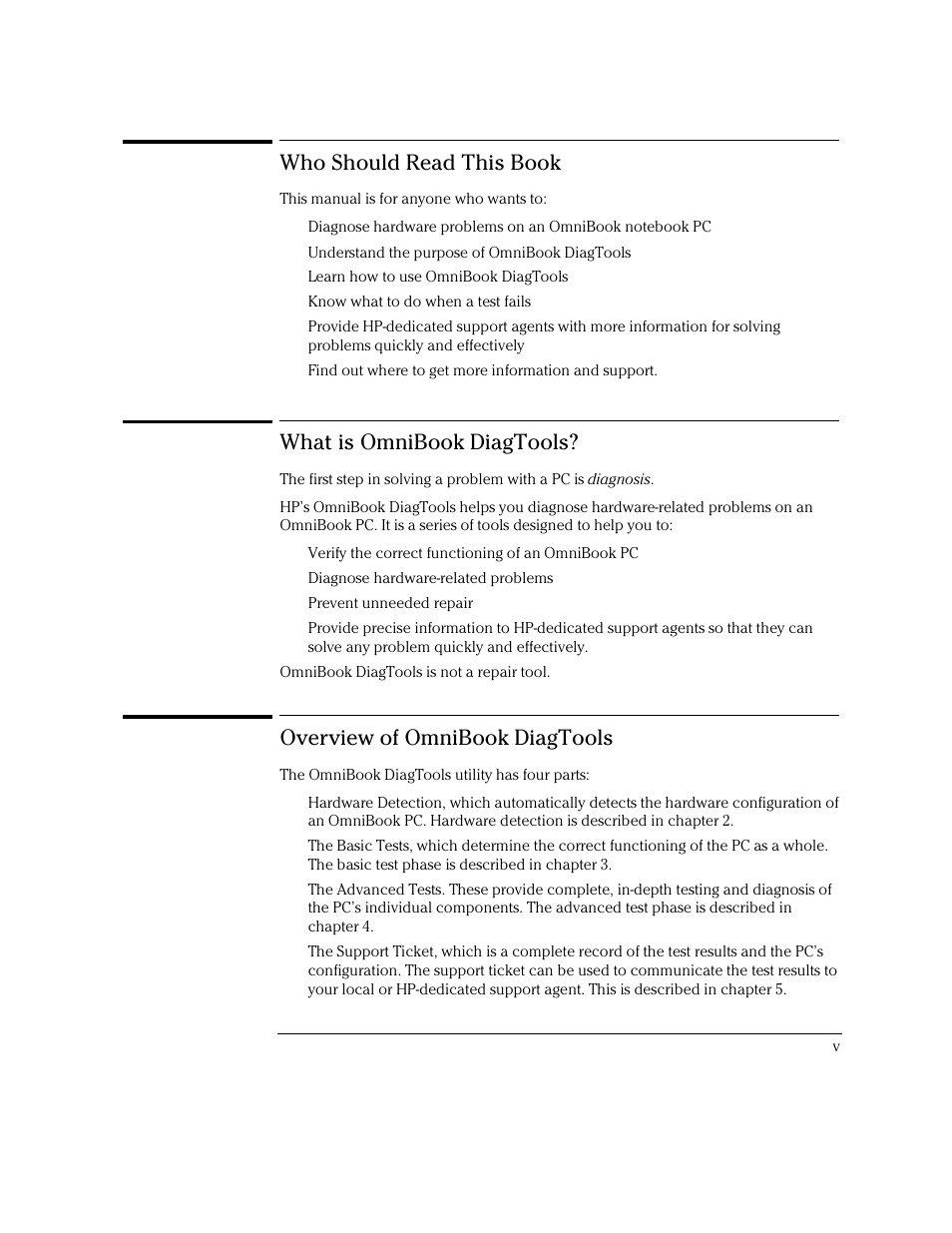 Who should read this book, What is omnibook diagtools, Overview of omnibook diagtools | HP OmniBook 4100 Notebook PC User Manual | Page 5 / 44