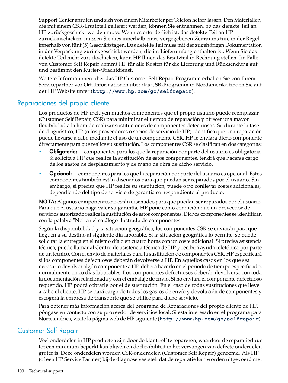 Reparaciones del propio cliente, Customer self repair | HP ProLiant DL785 G6 Server User Manual | Page 100 / 110