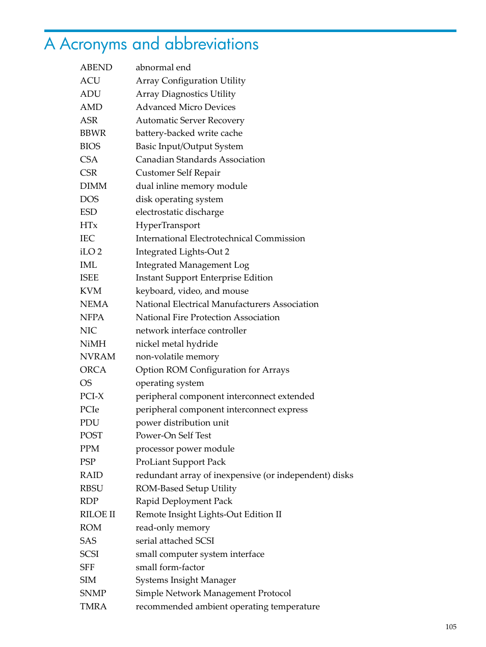 A acronyms and abbreviations | HP ProLiant DL785 G6 Server User Manual | Page 105 / 110