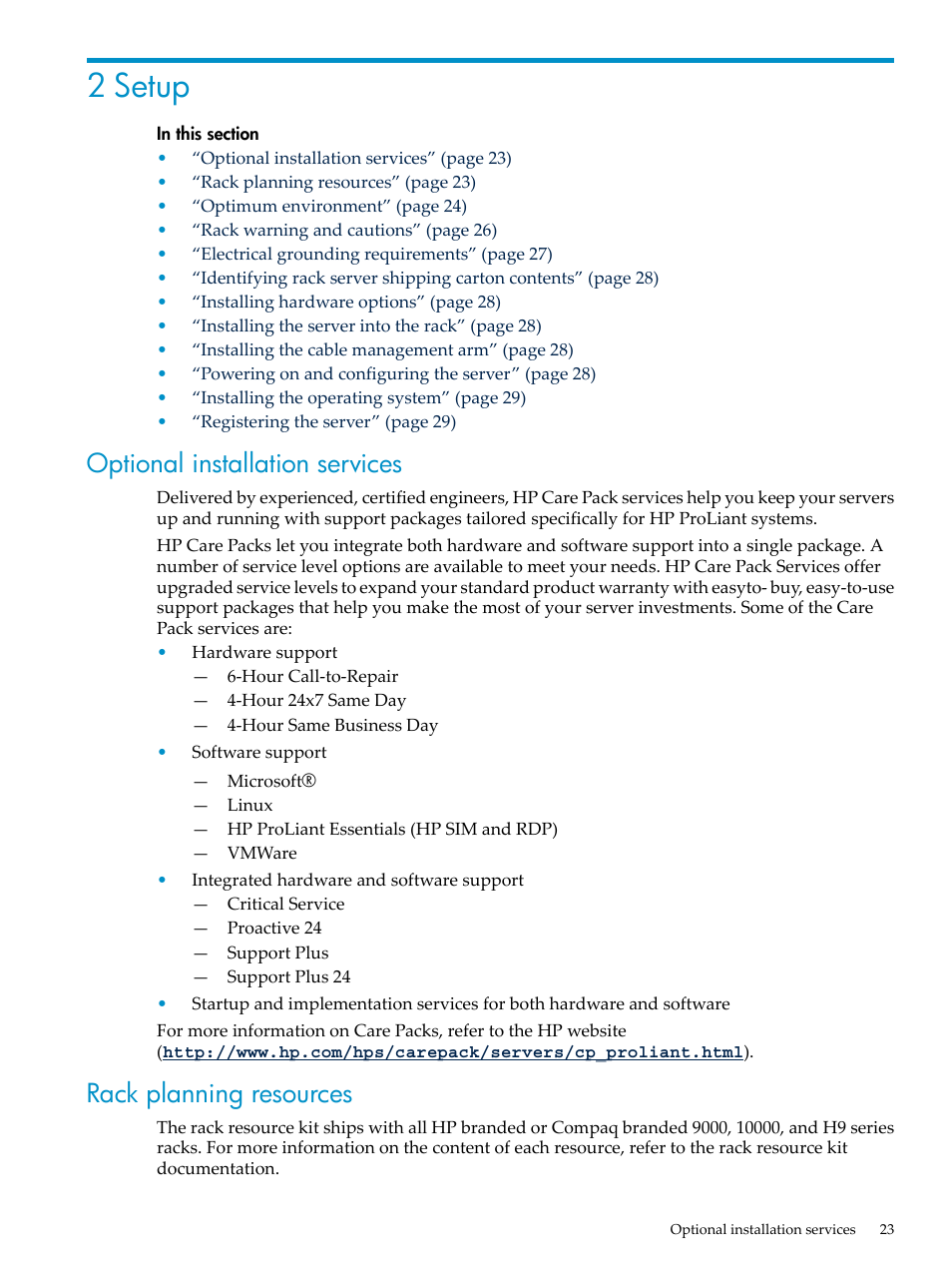 2 setup, Optional installation services, Rack planning resources | HP ProLiant DL785 G6 Server User Manual | Page 23 / 110
