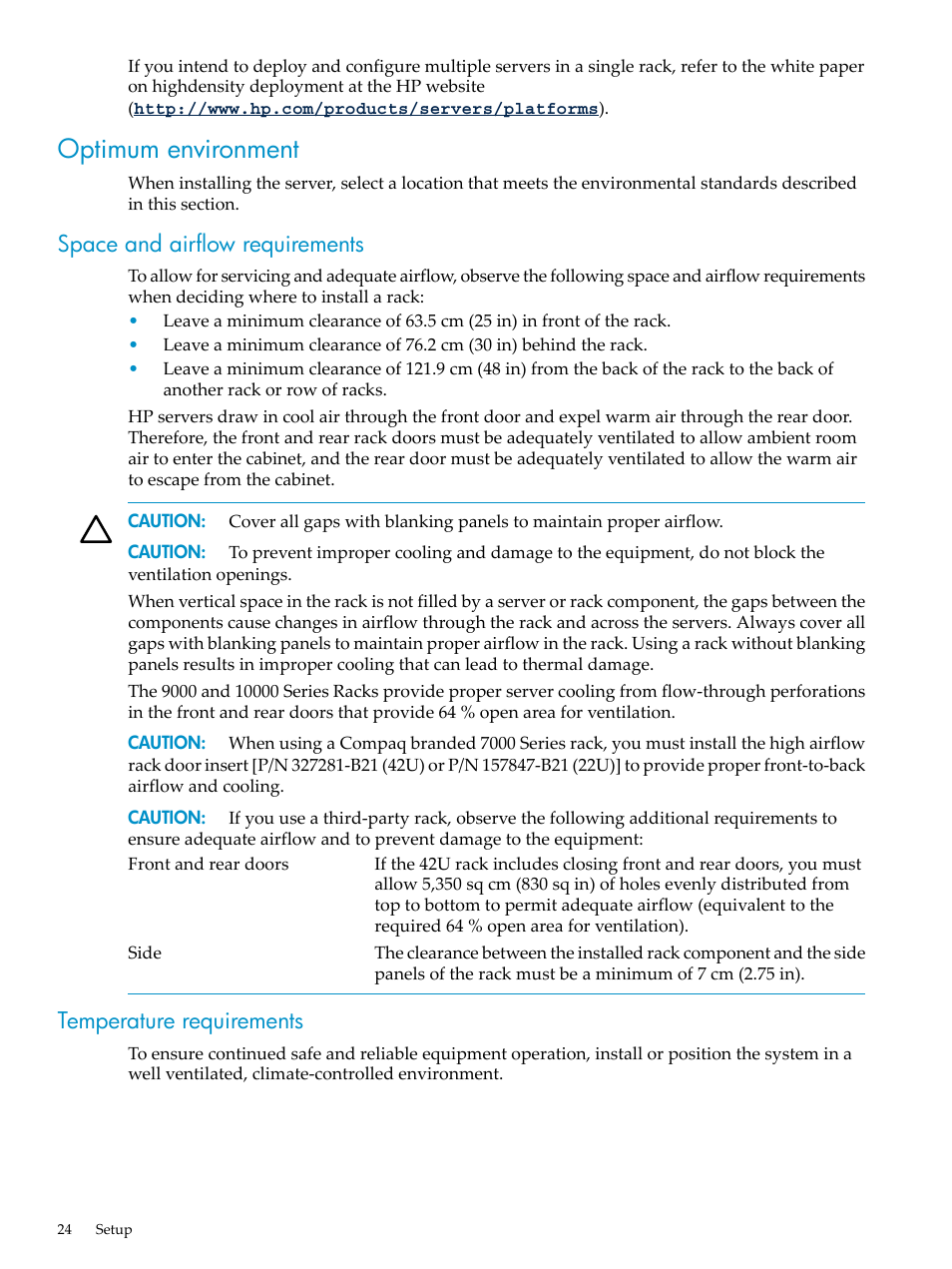 Optimum environment, Space and airflow requirements, Temperature requirements | HP ProLiant DL785 G6 Server User Manual | Page 24 / 110
