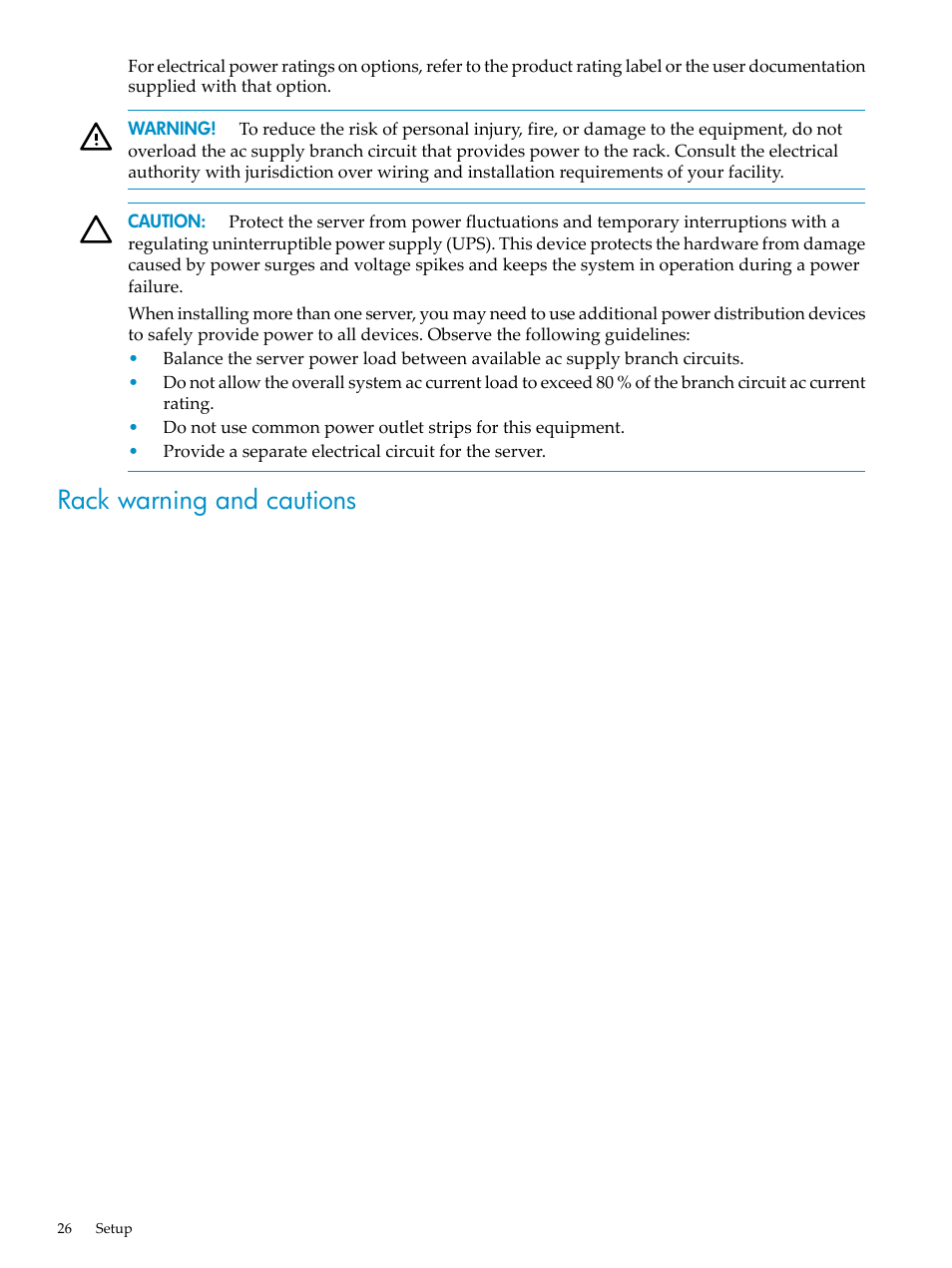 Rack warning and cautions | HP ProLiant DL785 G6 Server User Manual | Page 26 / 110