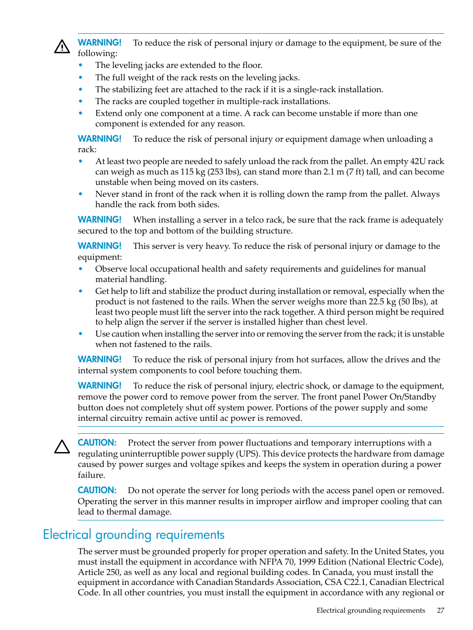 Electrical grounding requirements | HP ProLiant DL785 G6 Server User Manual | Page 27 / 110