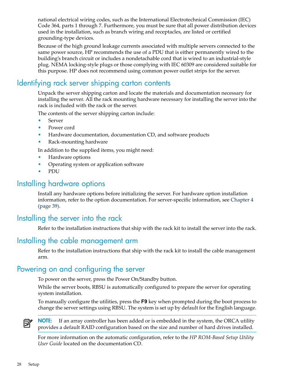 Identifying rack server shipping carton contents, Installing hardware options, Installing the server into the rack | Installing the cable management arm, Powering on and configuring the server | HP ProLiant DL785 G6 Server User Manual | Page 28 / 110