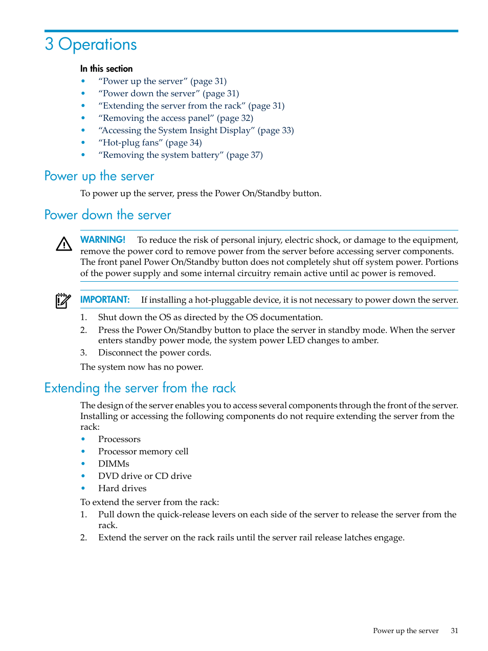 3 operations, Power up the server, Power down the server | Extending the server from the rack | HP ProLiant DL785 G6 Server User Manual | Page 31 / 110