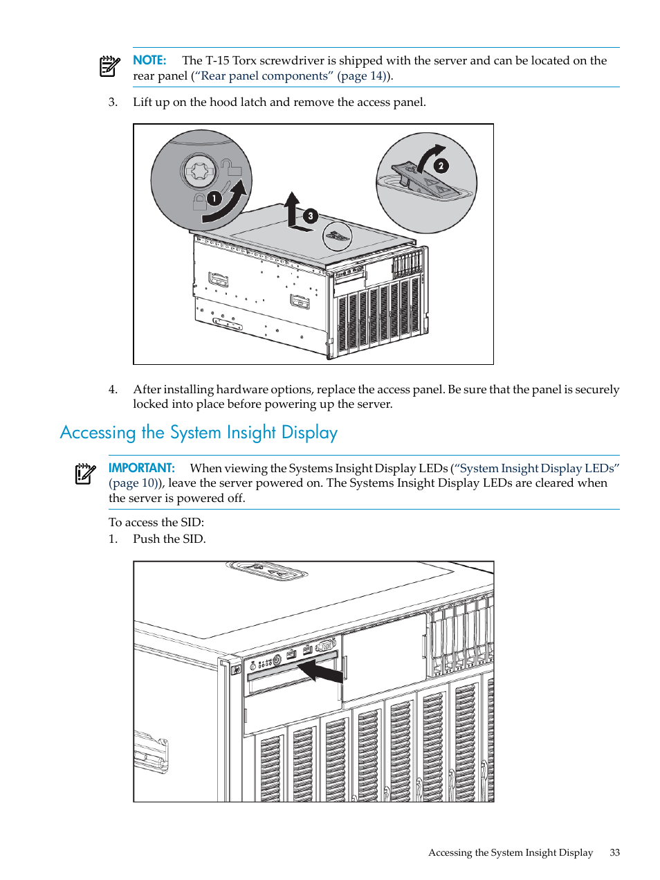 Accessing the system insight display | HP ProLiant DL785 G6 Server User Manual | Page 33 / 110